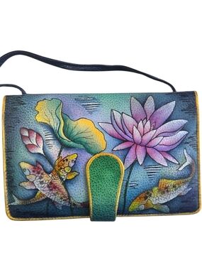 Anuschka Leather Crossbody Wallet Bag Hand Painted Koi Fish Lotus Flower Floral